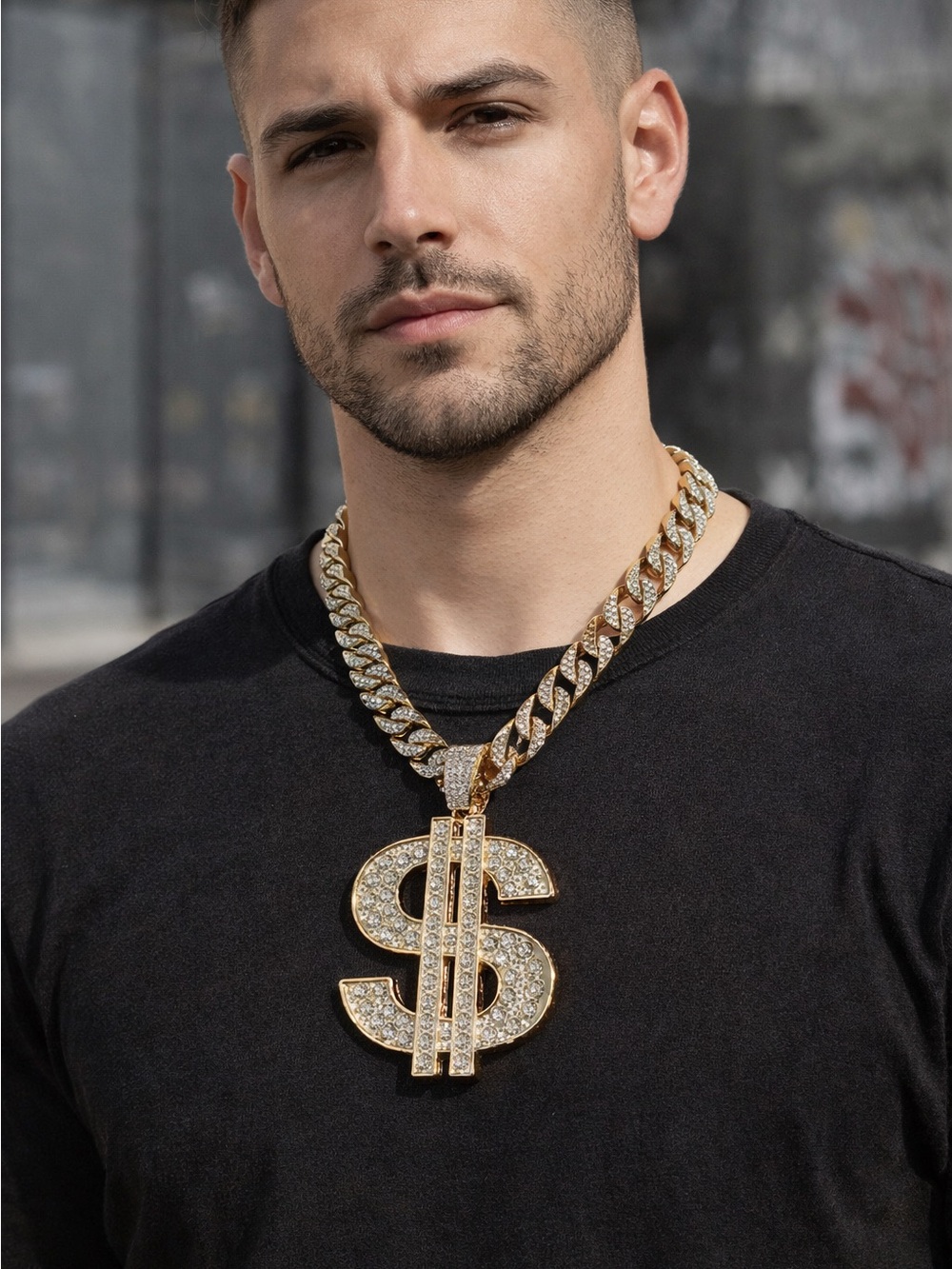 Gold Crystal Cuban Chain Necklace with Dollar Sign Pendant